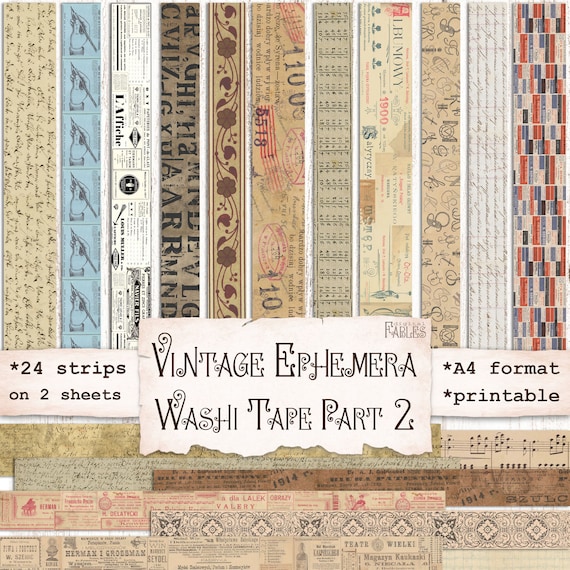 Washi Tape Strips from Vintage Ephemera Sheets Part 2, Junk Journal Printable, Planner, Scrapbook, Collage, Digital Download, Faux Washi