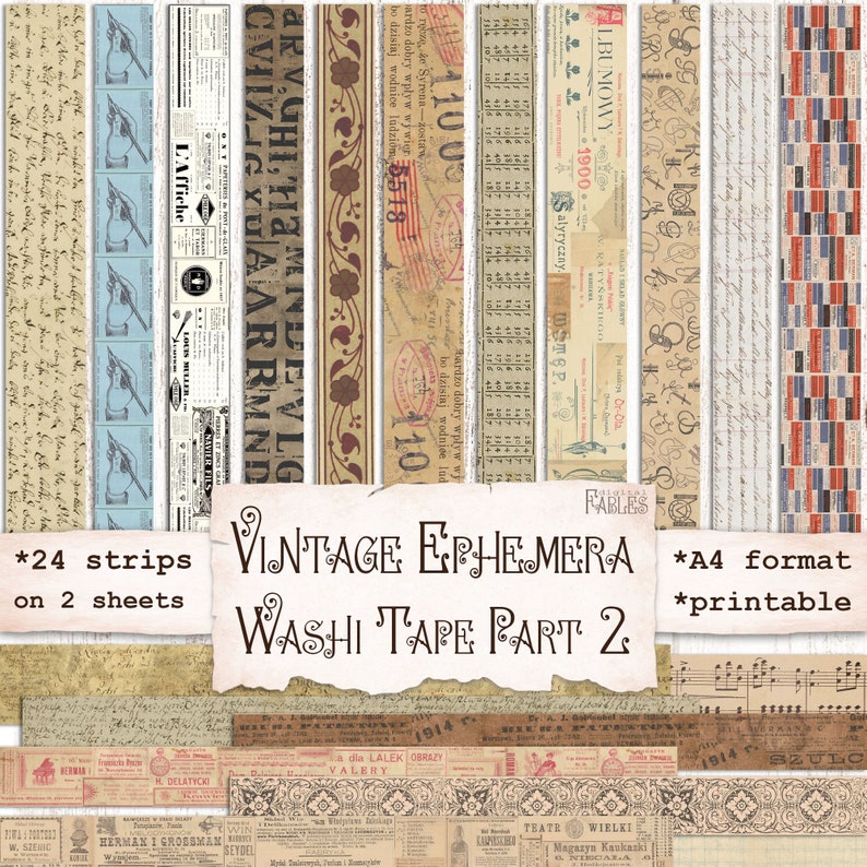 May include: A set of 24 printable vintage ephemera washi tape strips in A4 format. The strips feature a variety of designs, including handwritten text, floral patterns, and musical notes. The strips are perfect for adding a touch of vintage charm to your crafts and projects.