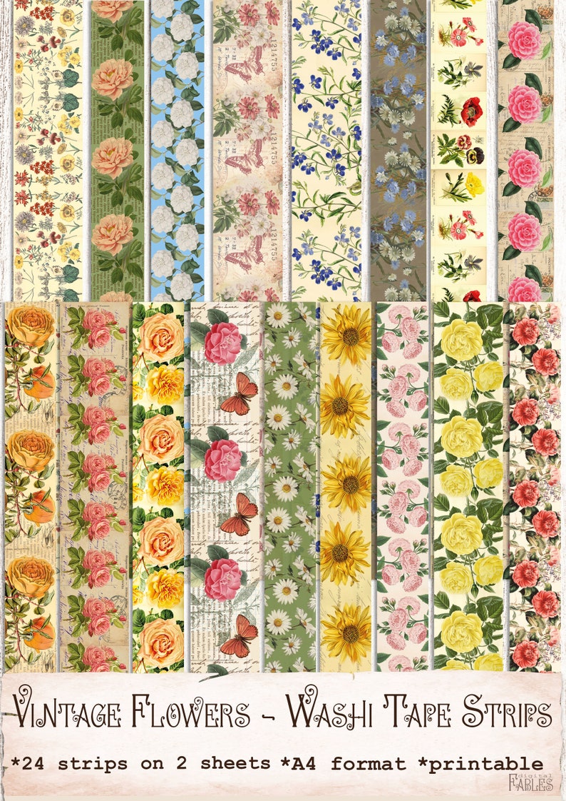 Vintage Flowers Washi Tape Strips, Junk Journal Printable, Planner ...