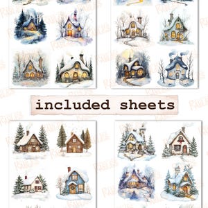 May include: Twelve digital paper sheets featuring illustrations of cozy winter cottages with snow-covered roofs and windows glowing with warm light. The cottages are surrounded by trees and snow, creating a charming winter scene.