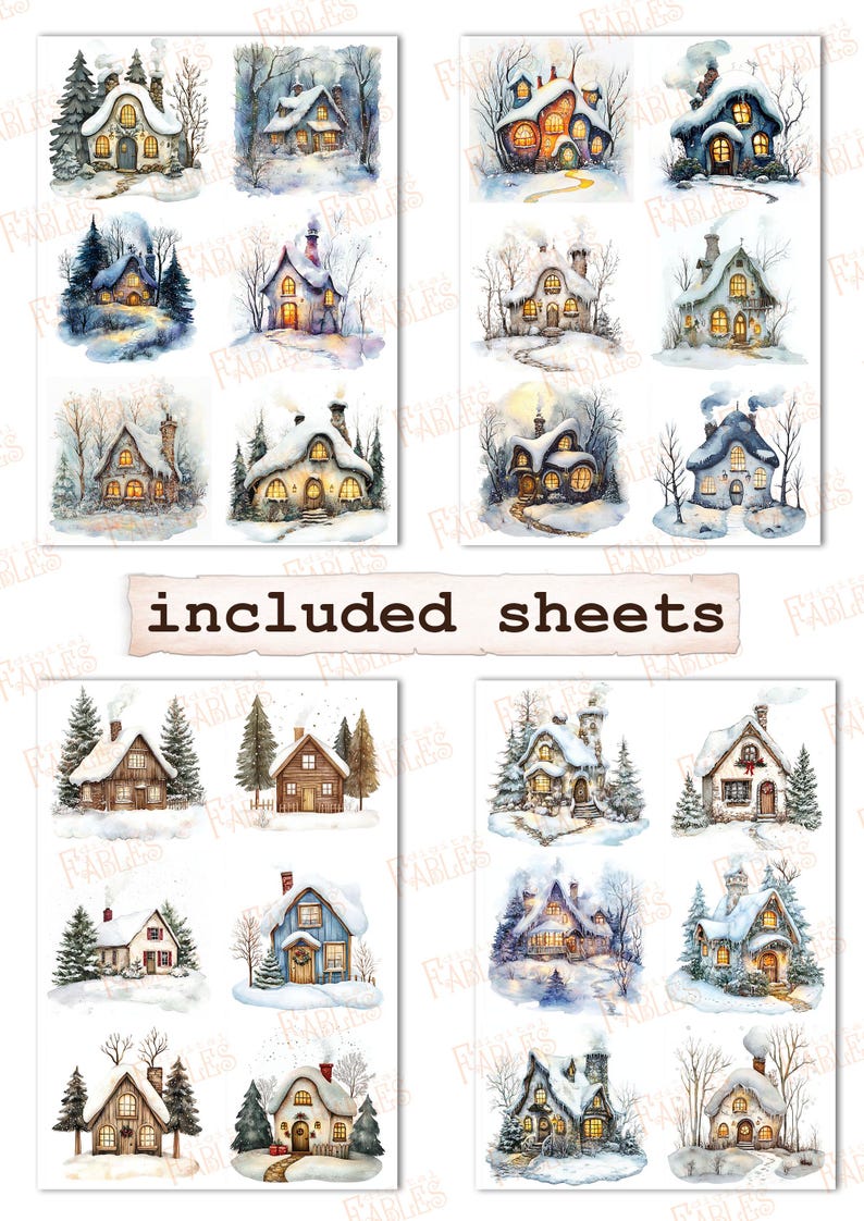 May include: Twelve digital paper sheets featuring illustrations of cozy winter cottages with snow-covered roofs and windows glowing with warm light. The cottages are surrounded by trees and snow, creating a charming winter scene.