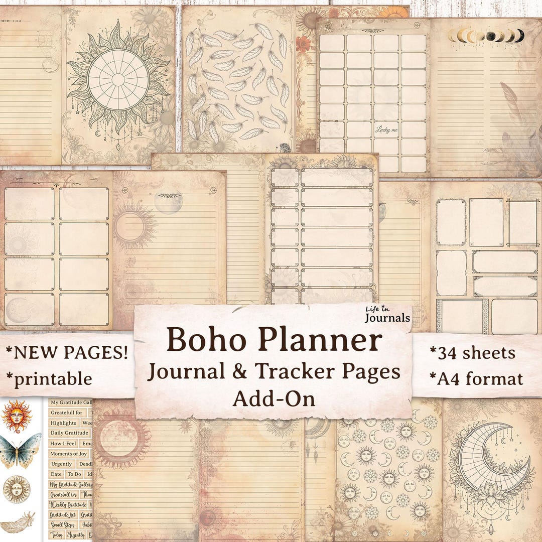 Boho Planner Junk Journal Kit - Add-on, Tracker Pages, Gratitude, Mood, Habit, Sleep Trackers ...