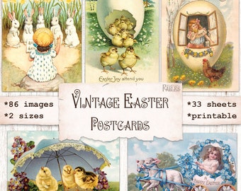 86 postales vintage de Pascua, efímeros imprimibles para álbumes de recortes, ATC retro, hoja para collage, tarjetas de felicitación antiguas de Pascua, diario de recortes, conejitos, huevos