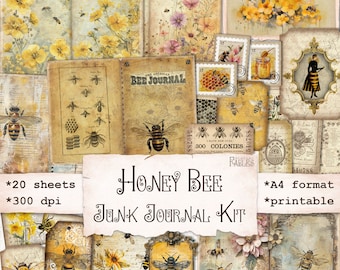 Honey Bee Junk Journal Kit – Vintage Botanical Printable, Scrapbooking, Bee Ephemera Pack: Tags, Stamps, Tickets, Journal Pages, Collage