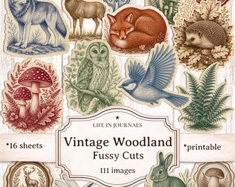 111 Vintage Woodland Fussy Cuts Printable, Forest Animal Ephemera, Cottagecore Junk Journal Kit, Mushroom Owl Fox Deer Tags, Nature Collage