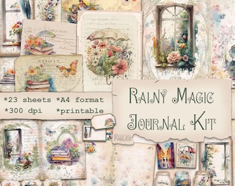 Rainy Magic Journal Kit – Vintage bloemenprint, gezellige regenachtige themapagina's voor je junk journal, shabby aquarel ephemera