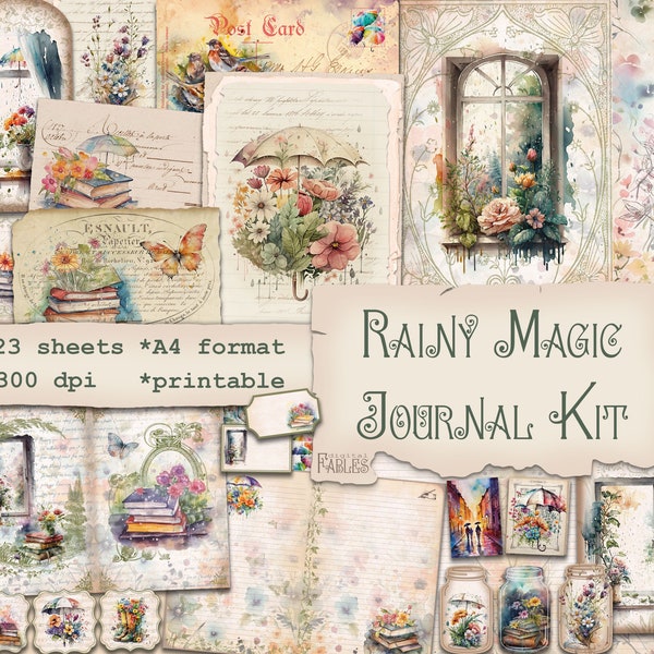 Rainy Magic Journal Kit, Watercolor and Vintage Scrapbook Kit, Ephemera Pack, Digital Instant Download, Flowers, Birds, Books and Umbrellas