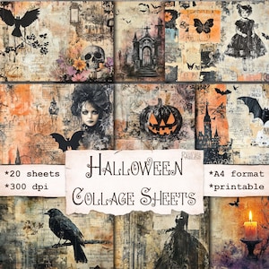 Halloween Collage Sheets, Vintage Junk Journal Printable, Gothic Spooky Ephemera, Mixed Media Paper, Instant Download