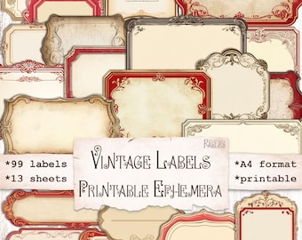 Vintage Lables with Red and Beige Frames, Retro Printable Junk Journal and Scrapbook Fussy Cut Ephemera, Paper Craft, Collage Sheet