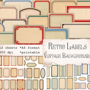 Retro rote Etiketten mit Vintage Hintergründen, bedruckbares Scrapbook Ephemera, Junk Journal, Papiermodell, grüne Rahmen, blaue Rahmen, Fussy Cut Set