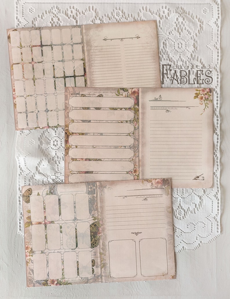 May include: Set of four printable journal pages with a vintage aesthetic. The pages feature floral and butterfly designs, lined sections, and blank boxes for journaling.