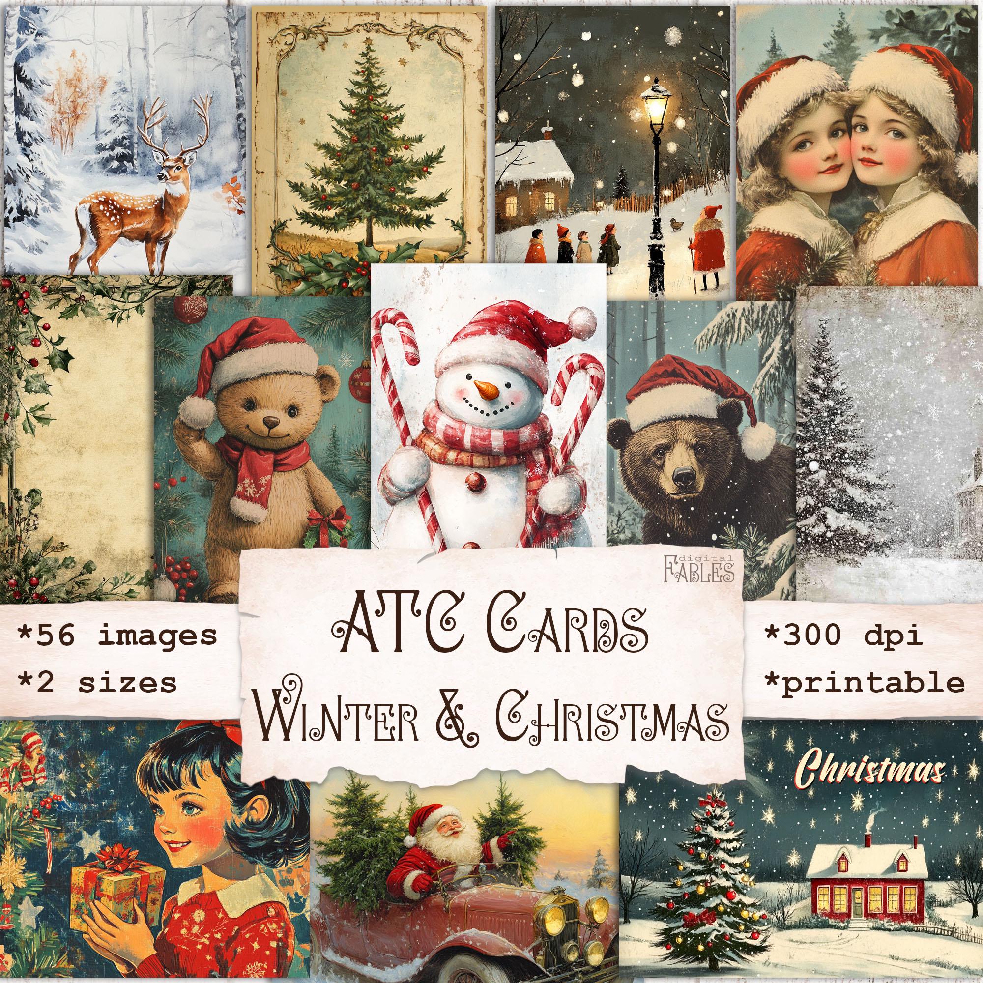 ヴィンテージクリスマスATCカード、印刷可能な冬のホリデー ヴィンテージクリスマスATCカード、印刷可能な冬のホリデー