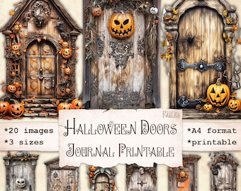 Houten Halloweendeuren, printbaar voor scrapbook, open, digitale journal-ephemera, vintage deur, direct te downloaden, nauwkeurig uitknippen, papierknutselwerk
