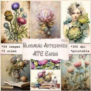 Blooming Artichokes ATC Cards, Printable Download, Artichokes Art, Vintage Ephemera Style, Junk Journal, Scrapbook, Card Making, Paper Craft
