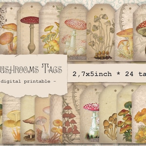 Vintage Mushrooms Tags for Junk Journal, Art Journal, Scrapbook, Collage Sheet. Digital Printable Download. Junk Journal Ephemera