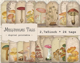 Vintage paddenstoelentags voor junkjournal, Art Journal, plakboek, collageblad. Digitale afdrukbare download. Efemere ongewenste tijdschriften