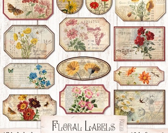 Floral Labels, Printable Vintage Flowers Ephemera, Junk Journal, Scrapbooking, Shabby Botanical Collage Sheet, Digital Instant Download