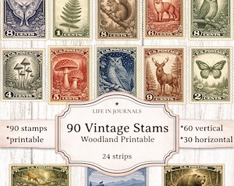 90 Woodland Vintage Postage Stamps Printable, Forest Animals Ephemera for Junk Journal, Nature Cottagecore Scrapbook Fussy Cuts