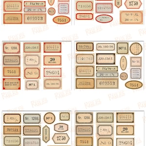 May include: A collection of vintage-style labels with various numbers, text, and designs. The labels are printed on a beige paper with brown and red accents. The labels feature text such as "Nr. 1288", "120-124 S", "20 Billiards", and "No. 180-76".