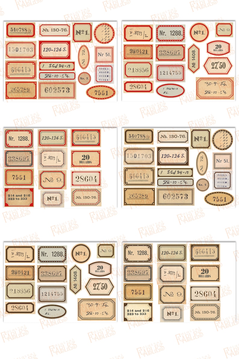 May include: A collection of vintage-style labels with various numbers, text, and designs. The labels are printed on a beige paper with brown and red accents. The labels feature text such as "Nr. 1288", "120-124 S", "20 Billiards", and "No. 180-76".