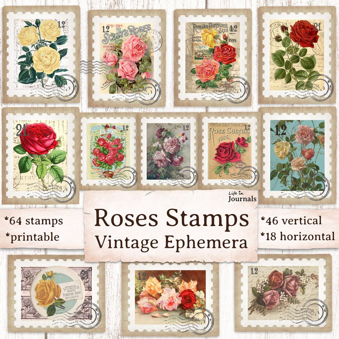 64 Roses Faux Postage Stamps Printable, Journals Botanical Rose ...