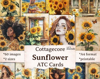 Cottagecore Vintage Sunflower ATC Cards Printable, Junk Journal Ephemera, Collage Sheet, Journaling Cards, Scrapbook Kit