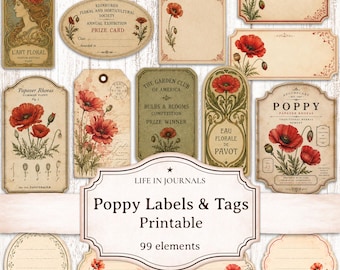 Poppy Labels & Tags Printable, Vintage Botanical Ephemera, Junk Journal Labels, Scrapbooking, Digital Instant Download