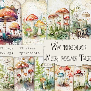 Etiquettes aquarelle champignons pour journaux et créations en papier, albums éphémères imprimables numériques sur la nature, téléchargement immédiat, art esthétique champignon