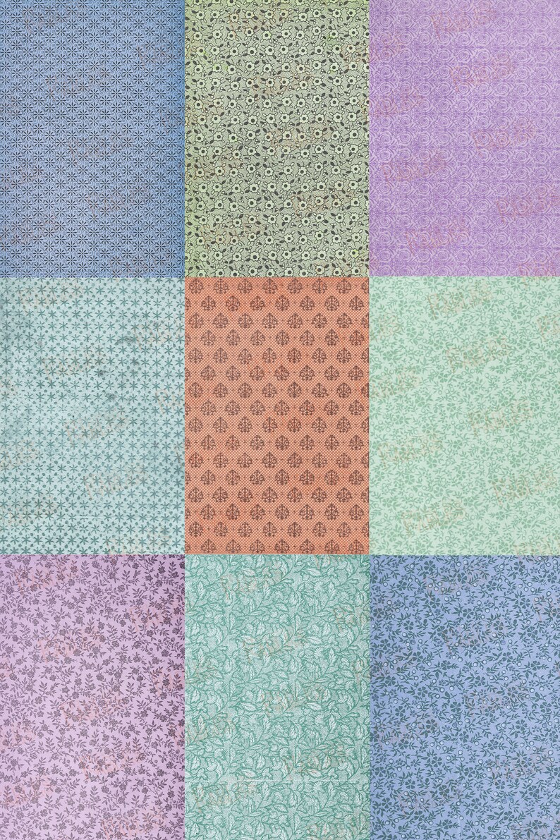 Op de afbeelding: Een collage van negen verschillende gepatroneerde stofstalen. De stalen zijn gerangschikt in een 3x3 raster. De patronen omvatten bloemmotieven, geometrische en abstracte ontwerpen. De kleuren zijn gedempt en pastel, waaronder tinten blauw, groen, roze en bruin.