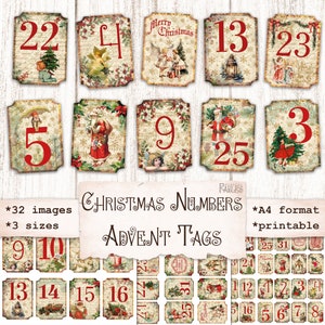 Kerstnummers met afbeeldingen, adventstags, afdrukbaar plakboek, vintage ephemera, junkjournaal, shabby dagelijks december, adventskalender