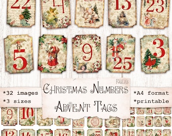 Christmas Numbers with Images, Advent Tags, Printable Scrapbook Vintage Ephemera, Junk Journal, Shabby December Daily, Advent Calendar