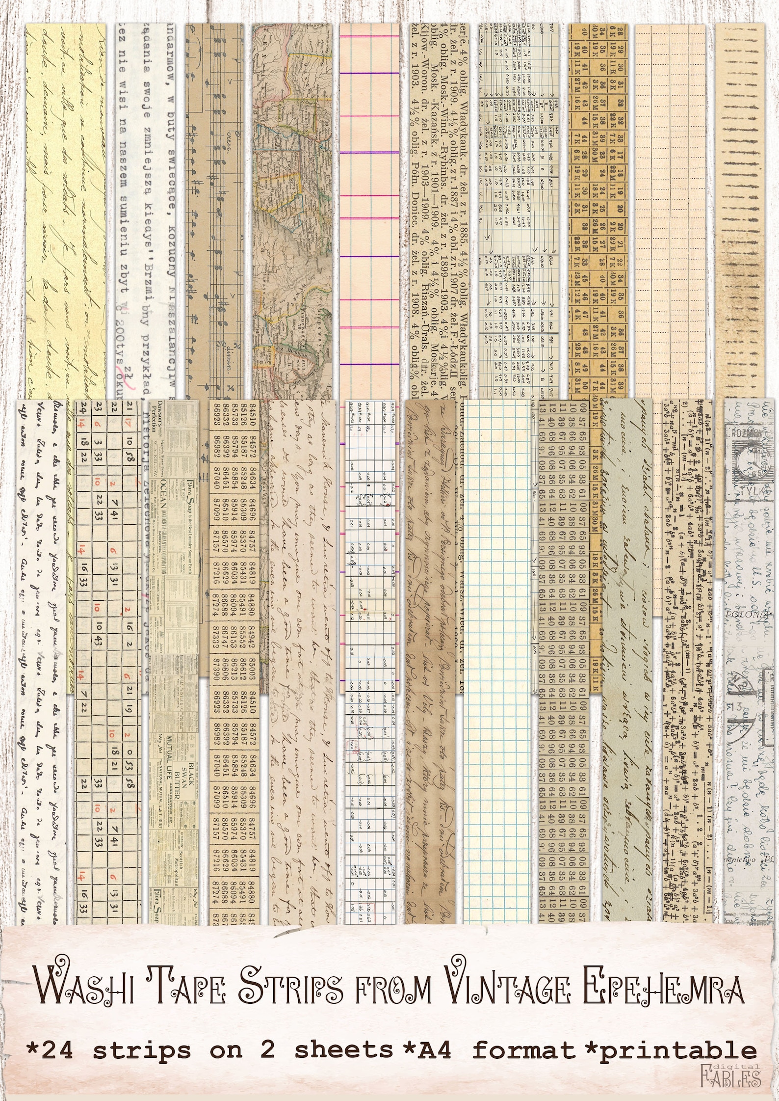 Washi Tape Strips From Vintage Ephemera Sheets, Junk Journal Printable ...