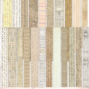 May include: A printable sheet of 24 vintage-style washi tape strips. The strips feature a variety of patterns, including handwritten text, maps, charts, and grid paper. The strips are designed to be printed on A4 paper.