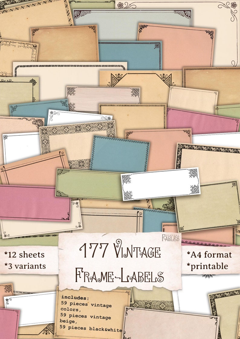Pu&ograve; includere: Un set di 177 etichette per cornici vintage in vari colori e stili. Le etichette sono in formato A4 e sono stampabili. Il set include 59 pezzi di colori vintage, 59 pezzi di beige vintage e 59 pezzi di bianco e nero.