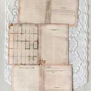 May include: A set of four printable journal pages with vintage floral designs. The pages include lined paper, a calendar grid, and blank spaces for writing.