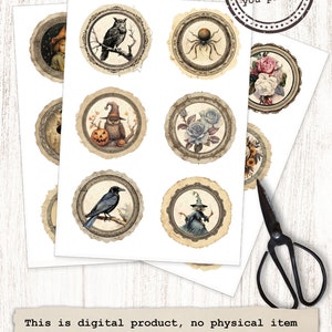 May include: Printable Halloween themed digital paper with 10 different designs featuring owls, spiders, witches, crows, and flowers. The designs are in a vintage style with ornate frames and a distressed background. The text "instant download you print" is visible in the top right corner.