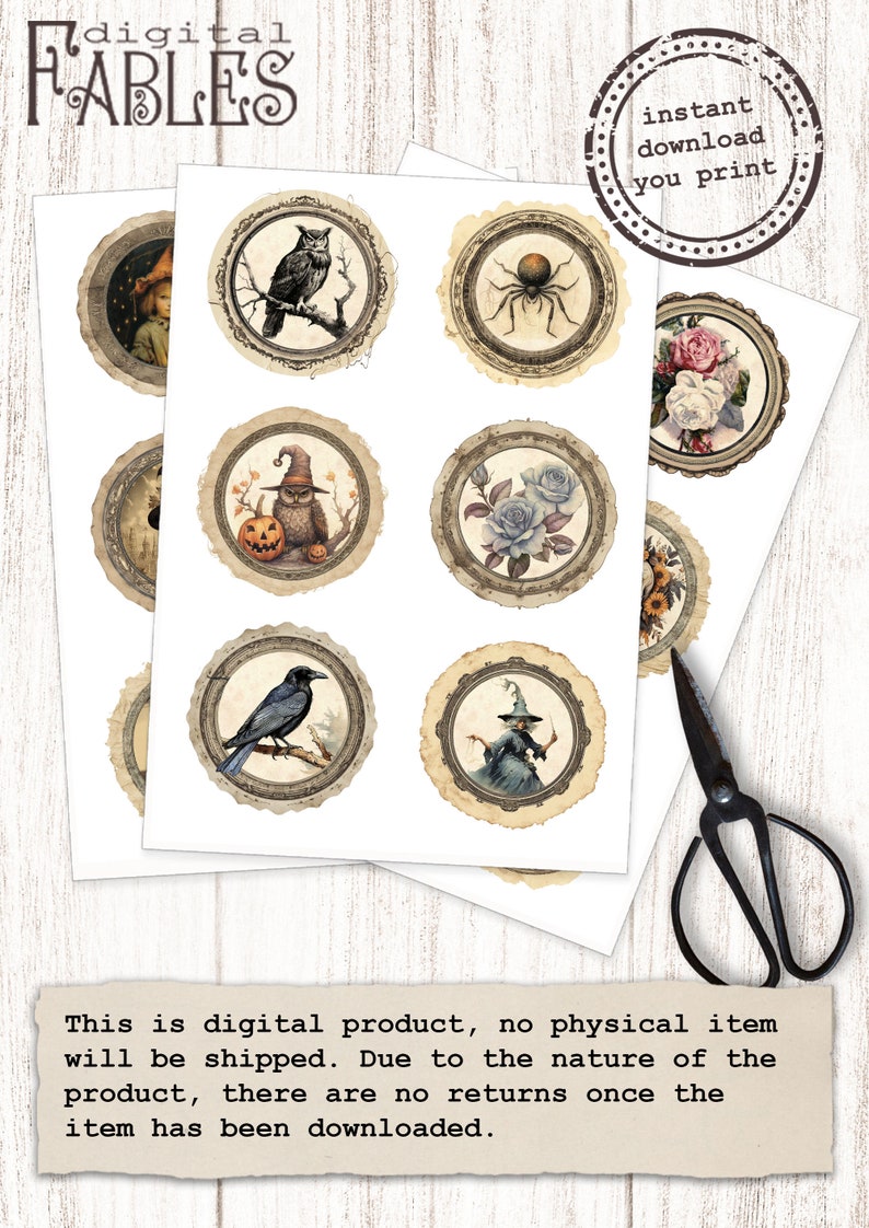 May include: Printable Halloween themed digital paper with 10 different designs featuring owls, spiders, witches, crows, and flowers. The designs are in a vintage style with ornate frames and a distressed background. The text "instant download you print" is visible in the top right corner.