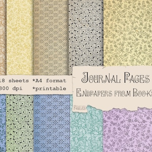 May include: A set of 18 printable journal pages featuring vintage endpapers from books. The pages are in A4 format and 300 dpi. The designs include floral patterns, geometric patterns, and a variety of colors.