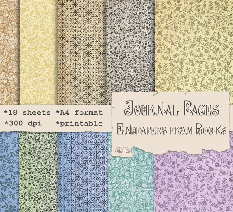 Op de afbeelding: Een set van 18 afdrukbare journalpagina's met vintage schutbladen uit boeken. De pagina's zijn in A4-formaat en 300 dpi. De ontwerpen omvatten bloemmotieven, geometrische patronen en een verscheidenheid aan kleuren.