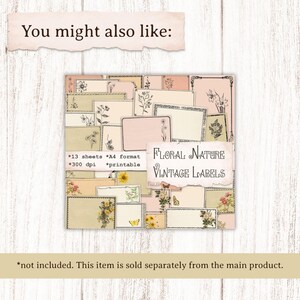 Pu&ograve; includere: Un collage di 13 fogli stampabili di etichette floreali vintage in formato A4. Le etichette presentano una variet&agrave; di motivi floreali e sono perfette per aggiungere un tocco di fascino vintage ai tuoi progetti.  FLORAL NATURE VINTAGE LABELS.
