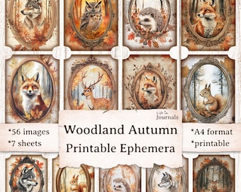 Etiquetas con retratos de animales del bosque en otoño, etiquetas otoñales, imprimibles para diarios creativos, efímeros vintage para álbumes de recortes, adornos, hoja de collage