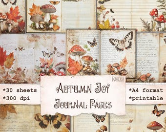 Autumn Junk Journal Printable Pages with Mushrooms and Butterflies, Fall Lined Shabby Journal Paper, Nature Collage Sheets, Vintage, Grunge