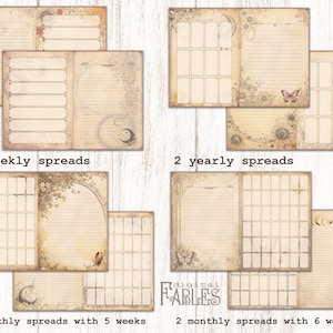 May include: Four digital planner spreads with a vintage aesthetic. The spreads include weekly, monthly, and yearly layouts. The designs feature a cream background with brown and black accents, including floral patterns, butterflies, and moons.