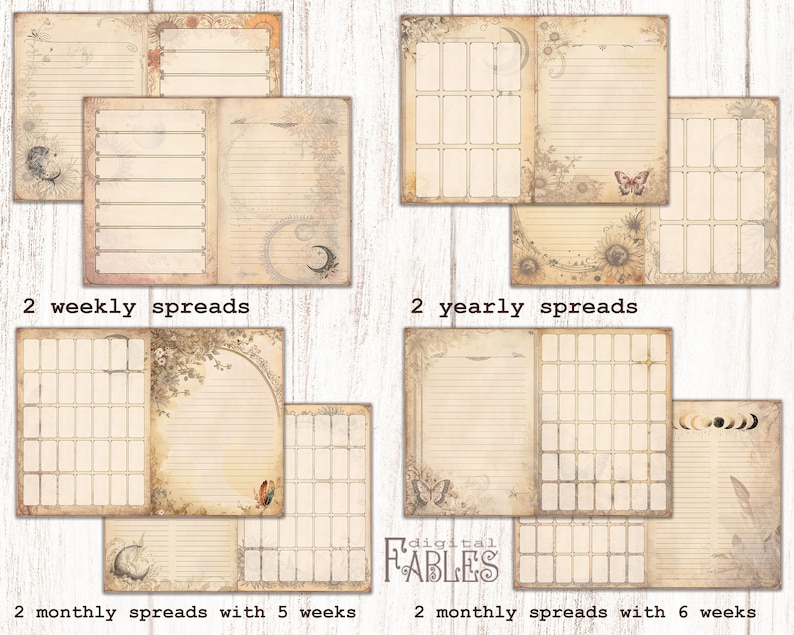 May include: Four digital planner spreads with a vintage aesthetic. The spreads include weekly, monthly, and yearly layouts. The designs feature a cream background with brown and black accents, including floral patterns, butterflies, and moons.