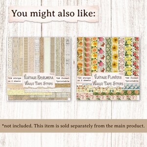 May include: Two printable sheets of washi tape strips. The first sheet features vintage ephemera designs in black and white. The second sheet features vintage flowers in pink, yellow, and green. Each sheet contains 24 strips and is A4 format.