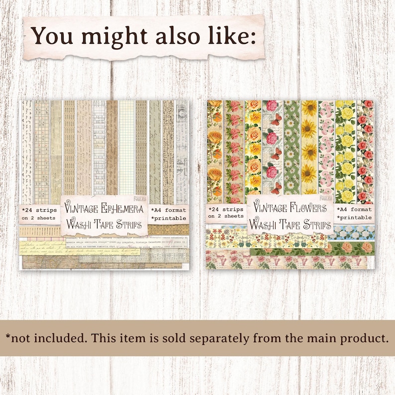 May include: Two printable sheets of washi tape strips. The first sheet features vintage ephemera designs in black and white. The second sheet features vintage flowers in pink, yellow, and green. Each sheet contains 24 strips and is A4 format.