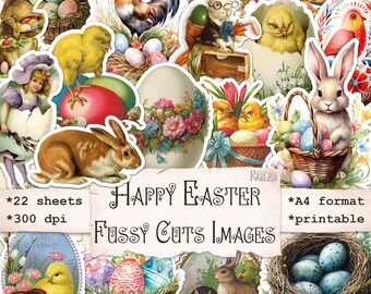 Easter Fussy Cuts, Vintage Easter Junk Journal Ephemera, Printable Scrapbook Stickers, Digital Spring, Collage Sheet, Bunnies, Eggs