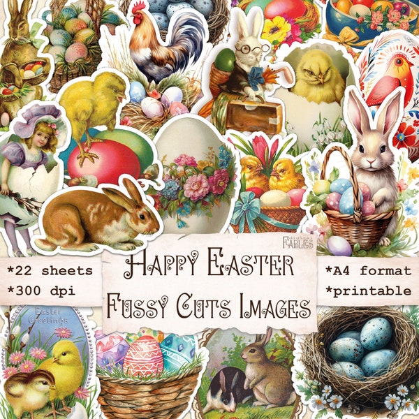 Easter Fussy Cuts, Vintage Easter Junk Journal Ephemera, Printable Scrapbook Stickers, Digital Spring, Collage Sheet, Bunnies, Eggs