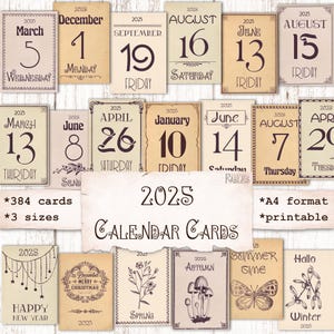 Cartes de calendrier de style vintage 2025 avec dates BEIGE, mini calendrier, éphémères du journal indésirable, Bullet Journal, agenda, téléchargement imprimable, étiquette
