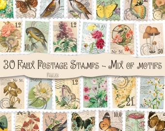Faux Postage Stamps with Flowers, Butterflies, Mushrooms and Birds. Digital Printable Instant Download for Junk Journal, Journals Ephemera